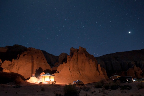 The Goblin Valley Campground under a beautiful night sky, shooting stars and all.
